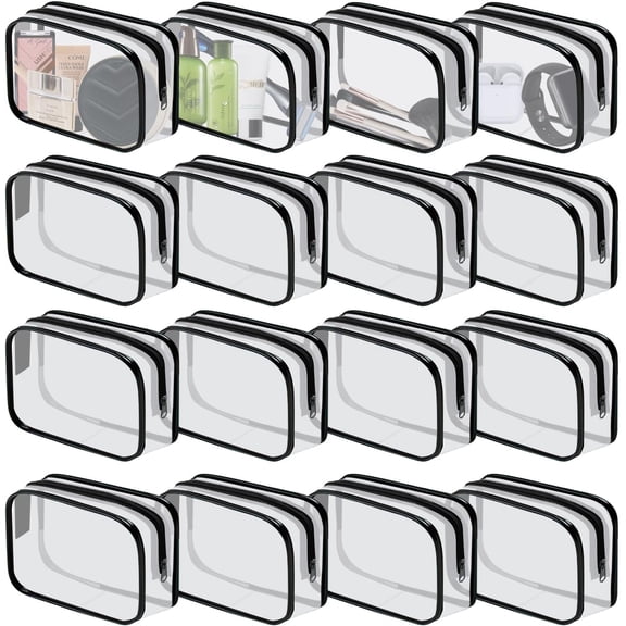 16 count Clear Bags PVC Clear Makeup Bags TSA Approved Toiletry Bag with Zipper Vinyl Plastic Organizer Storage Transparent Pouch for Women and Men (Black, Small)