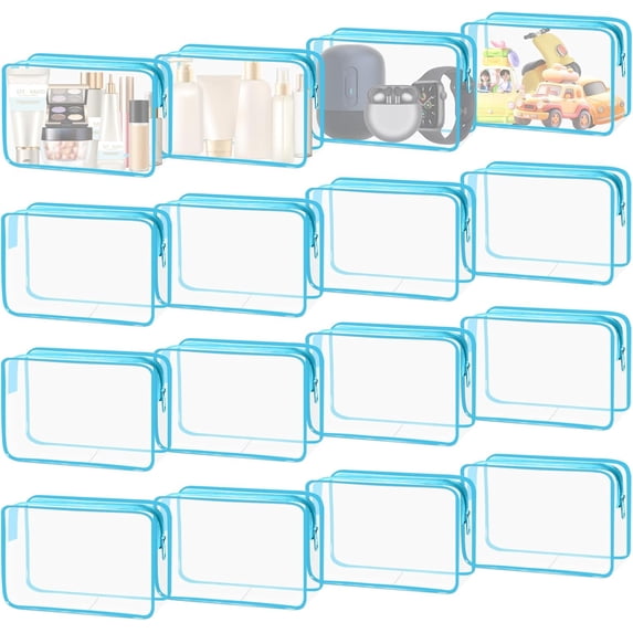 16 count Clear Bags, PVC Clear Pouch with Zipper TSA Approved Toiletry Bag for Travelling, Transparent Travel Makeup Organizer Case for Men and Women (Blue-M)