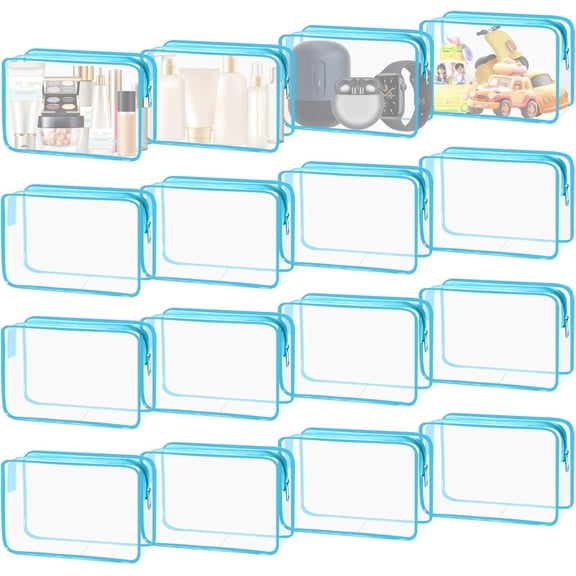 16 count Clear Bags, PVC Clear Pouch with Zipper TSA Approved Toiletry Bag for Travelling, Transparent Travel Makeup Organizer Case for Men and Women (Blue-M)