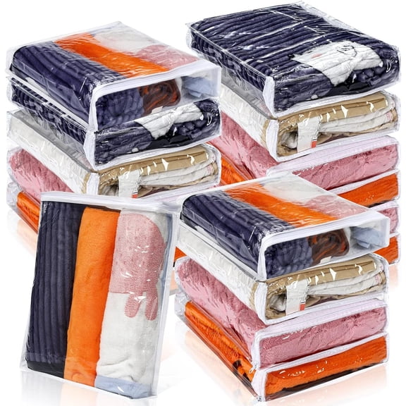 16 count Clear Zippered Storage Bags Plastic Sweater Bags with Zipper 16 x 14 x 2.5 Inch Vinyl Sheet Organizer and Storage for Clothing Blankets Sheet Linen Bed Pillow Cube Organizer