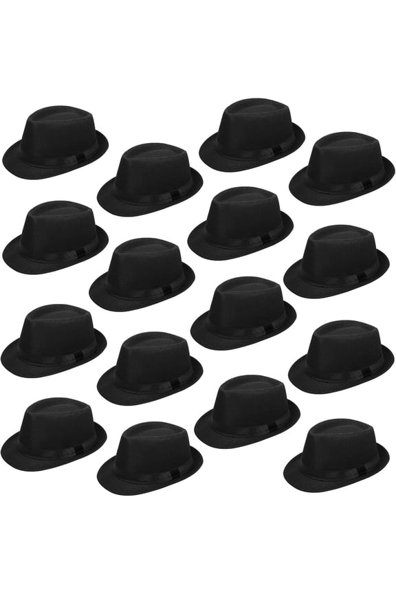 16 count Fedora Style Hat Bulk Men 1920s Gangster Short Brim Panama Cap Women Party Costume, Circumference 60 cm(Black)