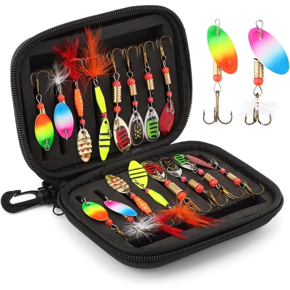 16 count Fishing Lures Spinner Baits Kit, Metal Bass Trout Lures with Portable Carry Bag, Fishing Gears Spinnerbait Spoons Baits for Freshwater Saltwater Trout, Gifts for Men