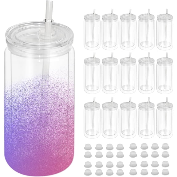 16 count Globe Tumbler,16 oz Double Wall Tumbler with Pre Drilled Hole, Globe Cups with Clear Lip and Straw,DIY Glitter Snowglobe(No )