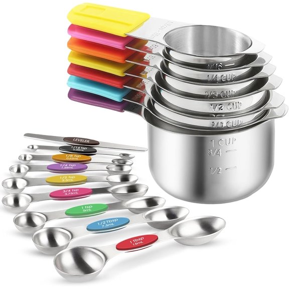 16 count Measuring Cups and Spoons Set - 304 Stainless Steel with Double-Sided Measurement Markings, Stackable Design, N52 & Leveler for Dry/Liquid Ingredients