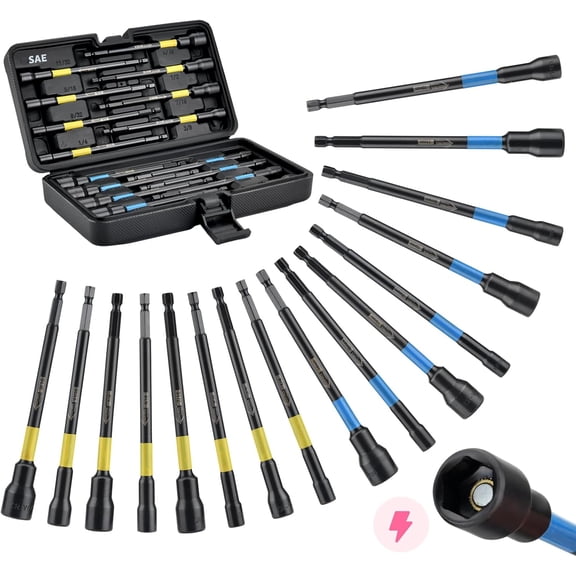 16 count Nut Driver Set for Impact Drill, 6 Inch Extra Long Nut Drivers with Sturdy Tool Box, /Metric 1/4" Hex Shank Socket Set for Drill, DIY and Repair