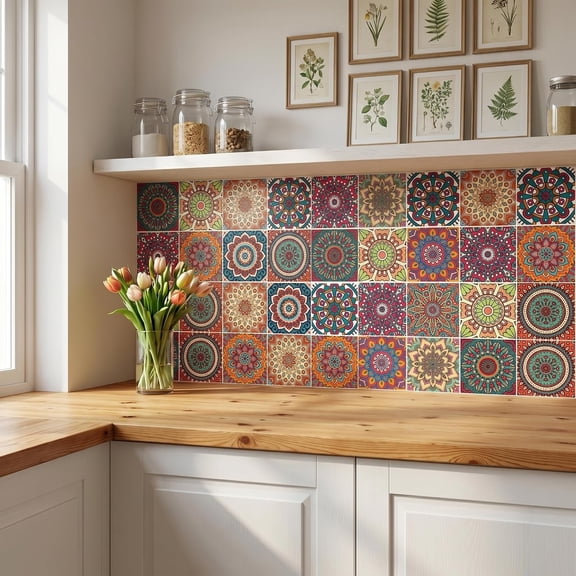 16 count Peel and Stick Tile Stickers 6x6 Inch, Mexican Talavera Backsplash  for Kitchen Stair Risers,  Vinyl Moroccan Boho Decor, Removable DIY for Bathroom Furniture ()