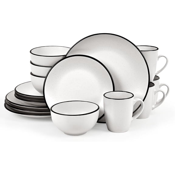 16 count Stoneware Dinnerware Set, Speckled Ceramic Plates and Bowls Mugs Sets Service for 4, Ceramic Dishes Set, Microwave and Dishwasher Safe(White with Black Rim)