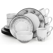 16 count Stoneware Dinnerware Sets for 4, Porcelain Plates Bowls Mugs Set - Minimalist Chip Resistant Dish Set, Microwave & Dishwasher Safe in White and Black Thread