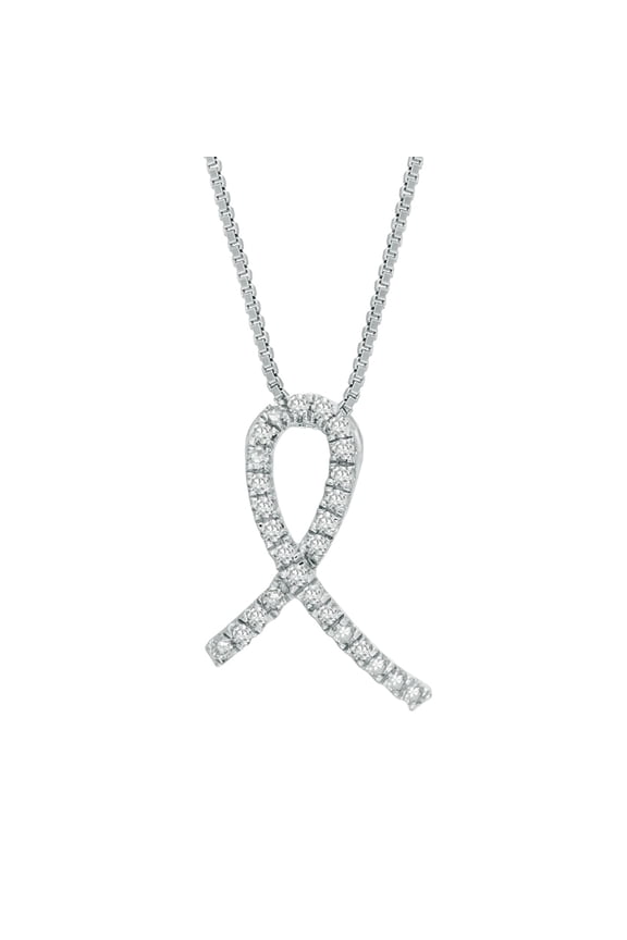 .16 cttw Diamond Sterling Silver Awareness Ribbon Pendant 18" Box Chain