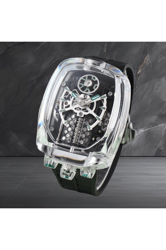 16-cylinder engine mechanism, crystal case and driven by a precision men’s quartz movement; the engine is integrated as a kinetic display element rather than a functional power source