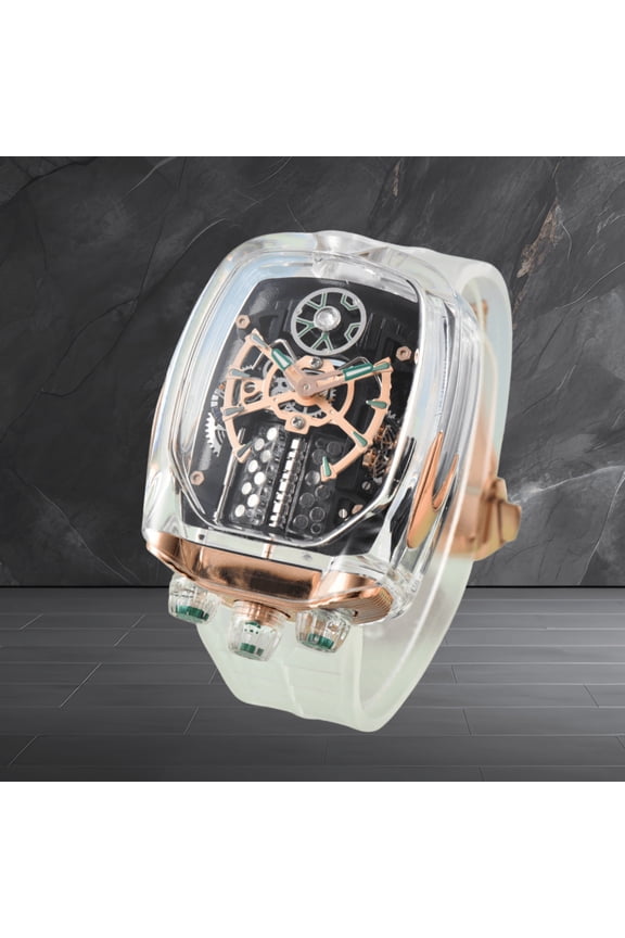 16-cylinder engine mechanism,  crystal case and driven by a precision men’s quartz movement; the engine is integrated as a kinetic display element rather than a functional power source
