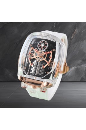 16-cylinder engine mechanism, crystal case and driven by a precision men’s quartz movement; the engine is integrated as a kinetic display element rather than a functional power source