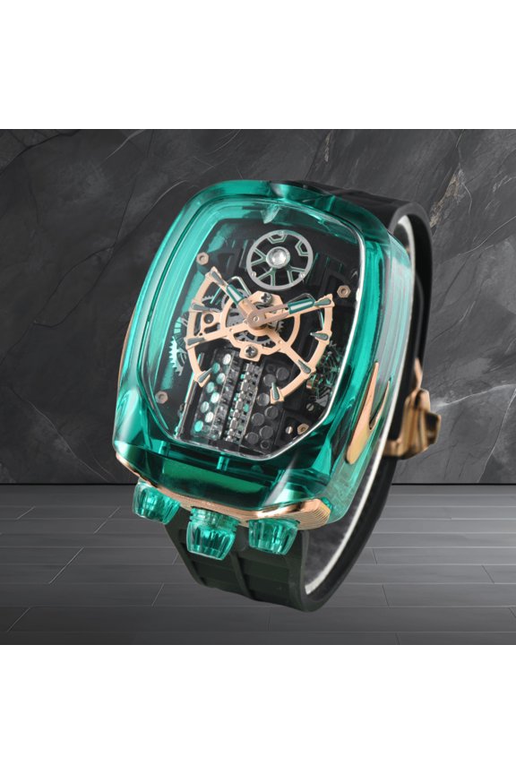 16-cylinder engine mechanism, crystal case and driven by a precision men’s quartz movement; the engine is integrated as a kinetic display element rather than a functional power source