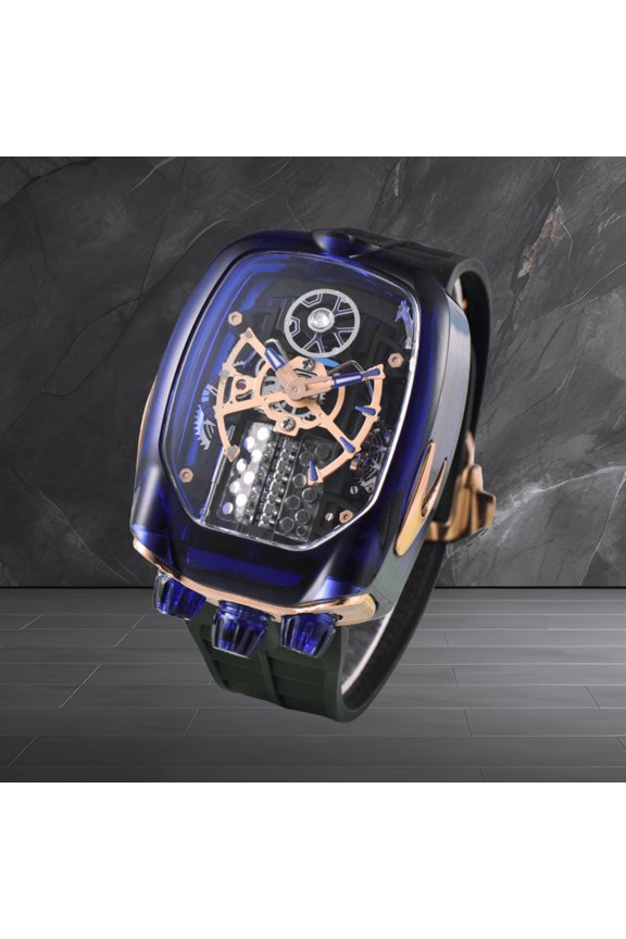 16-cylinder engine mechanism, crystal case and driven by a precision men’s quartz movement; the engine is integrated as a kinetic display element rather than a functional power source