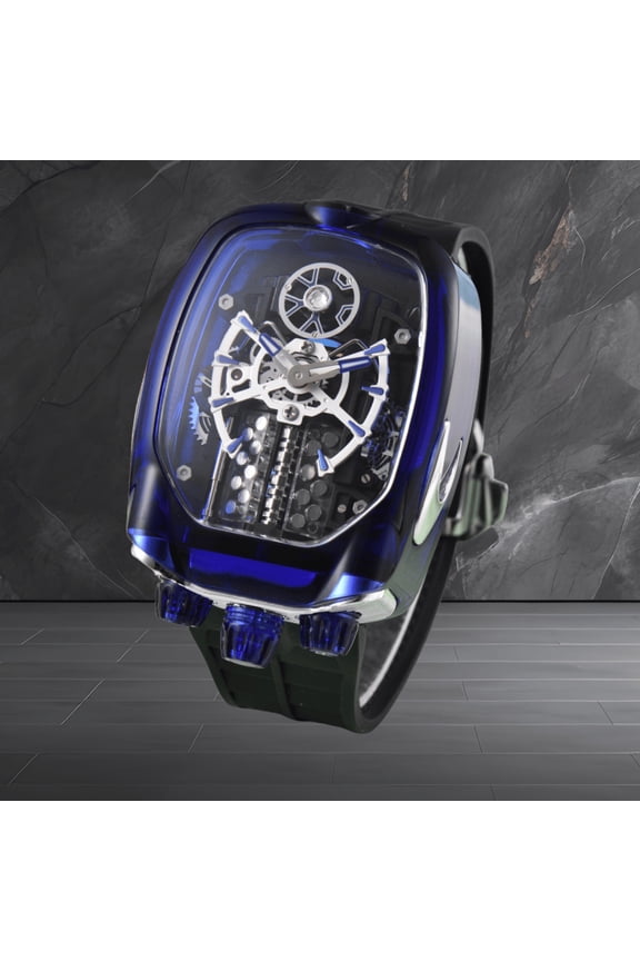 16-cylinder engine mechanism, crystal case and driven by a precision men’s quartz movement; the engine is integrated as a kinetic display element rather than a functional power source