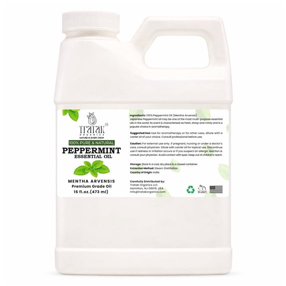 Tratak Organics Peppermint Essential Oil 16 fl oz – 100% Pure and Natural Essential Oil for Pests, Diffusers, Skin, Aromatherapy and Massage – Space Saving FDA Compliant Jug with Child Resistant Cap