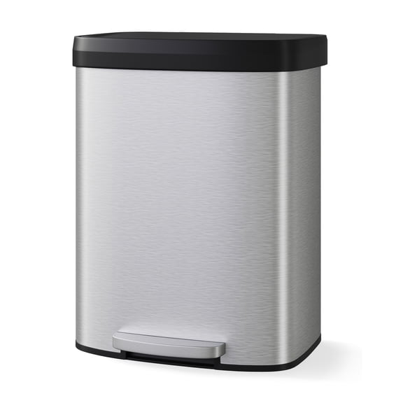 16 gal / 60 L Stainless Steel Trash Can with Lid, Large Garbage Can for Kitchen, Rustproof Step-on Kitchen Metal Trash Bin with Liner Rim, Rear Handle, Soft Close Plastic Lid, Silver