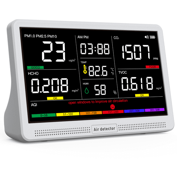 16 in 1 Air Quality Monitor Indoor 7" Display 9 AQI+7 AQI Alerts Air Quality Meter
