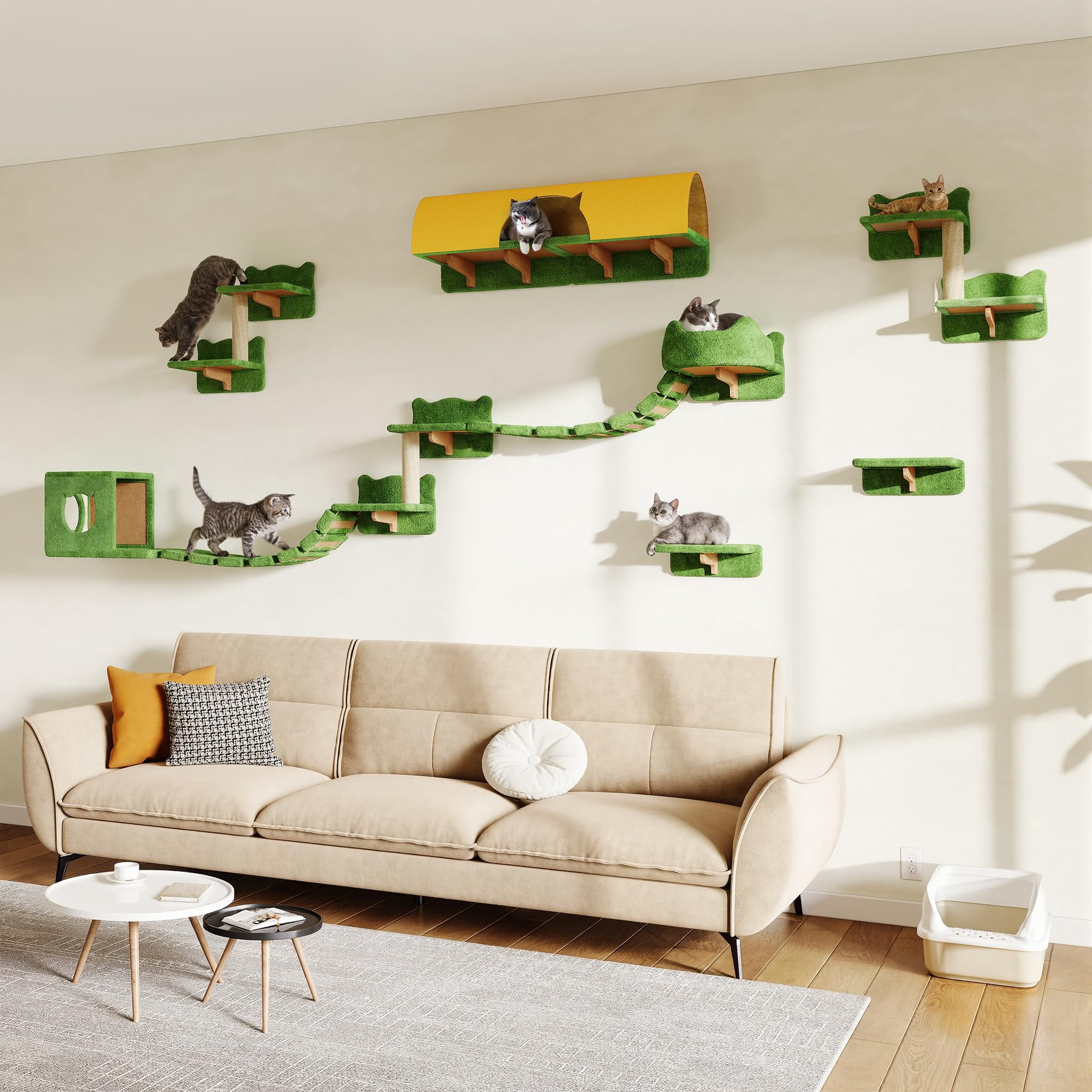 16-in-1 Cat Wall Shelves Mounted Cats Furniture Set W/plush Fabric