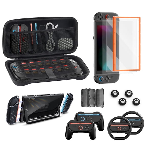 16 in 1 Game Kit Compatible with Switch 2 with Carrying Case, Screen Protectors with Alignment Frame, Steering Wheels, Grips for Joy-Con, Dockable Console Protective Cover Shell-Black