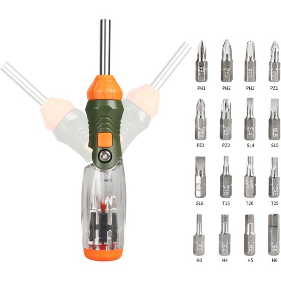 16-in-1 Multibit Ratcheting - in One Set with Flat //Torx/Hex/Square/Repair Kit, 60 Pivoting Adjustable Angle Screw Driver Set (Orange)
