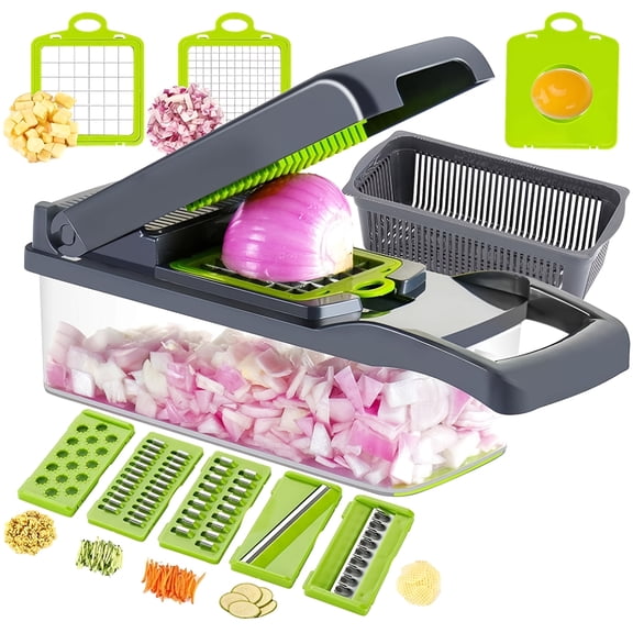 16-in-1 Multifunctional Vegetable Slicer 16Pcs Set, Manual Food Chopper with Container & Lid, Potato Onion Cutter for Fruits & Veggies, Kitchen Essential