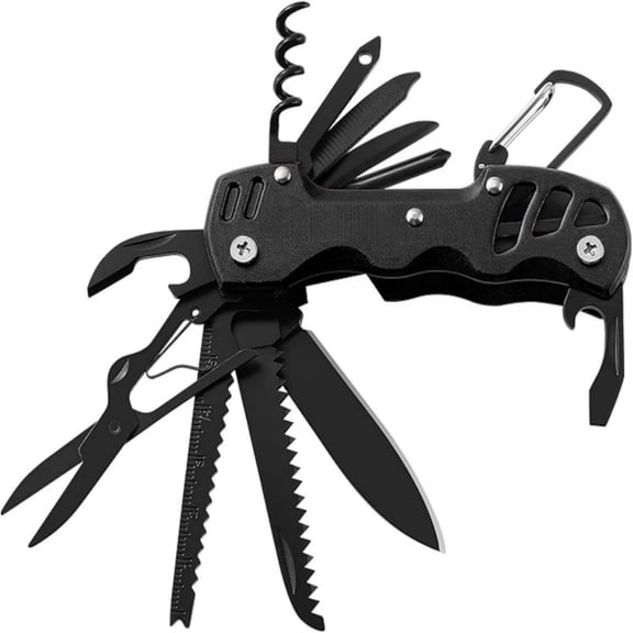 16-in-1 Multitool Folding Knife, Stainless Steel Pocket Knife with Keychain & Bottle Opener for Outdoor Camping Survival (Black)