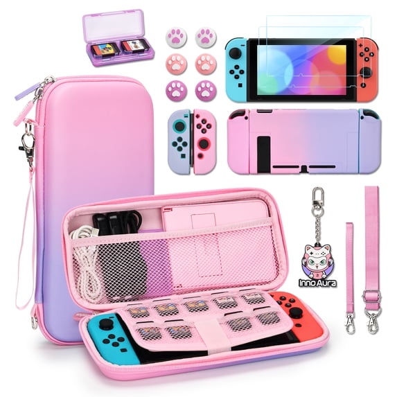 16 in 1 Nintendo Switch Case Bundle, Includes Switch Carrying Case, Screen Protector, Adjustable Stand & More-pink&purple