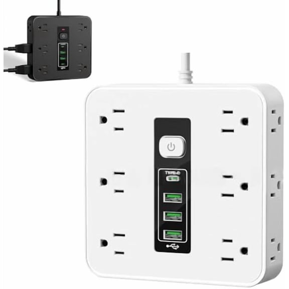 16-in-1 Power Strip with Surge Protection, 16 AC Outlets with 3 USB & 2 Type-C Ports, Flat Plug Design with Time Display, 5/10 Ft Cord for Home Office Use