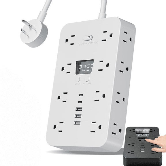 16-in-1 Power Strip with Surge Protection, 16 Outlet Extender with 3 USB Ports and 2 USB-C, ETL Listed Digital Clock Fireproof Housing for Home Office