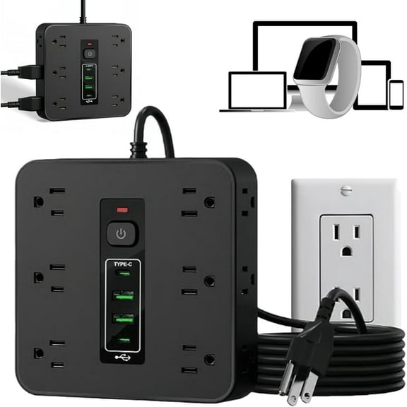 16-in-1 Power Strip with Surge Protection – 6 AC Outlets & 4 USB Ports (1 USB-C), Flat Plug Wall Mount Desk Power Strip for Home Office Dorm Travel, Portable Surge Protector with Switch