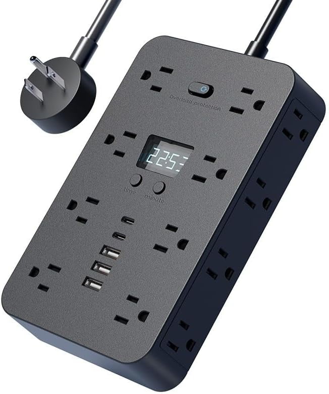 16-in-1 Power Strip Surge Protector with 12 AC Outlets, 3 USB-A & 1USB-C Ports, Time Display for Home & Office Use