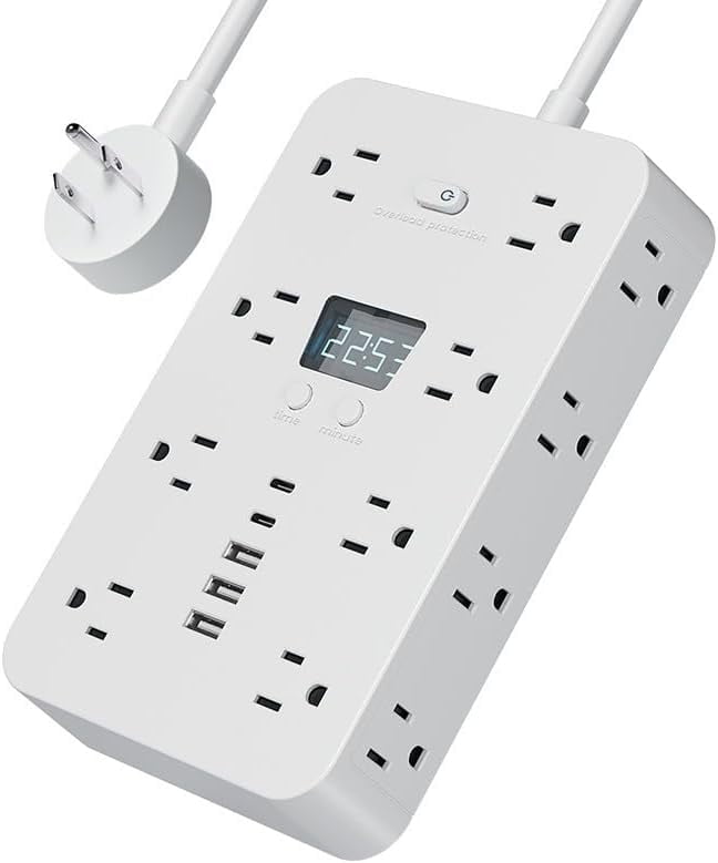 16-in-1 Power Strip Surge Protector with 12 AC Outlets, 3 USB-A & 1USB-C Ports, Time Display for Home & Office Use