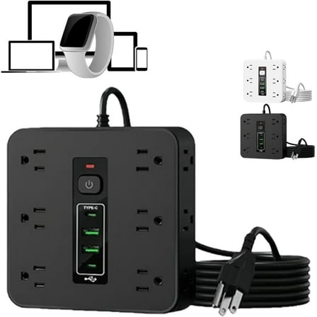 16-in-1 Power Strip with Switch & Surge Protection,16 in 1 Power Strip Surge Protector,Flat Plug Surges Protector,16 Ac Outlets,3 USB & 2 Type-C Ports,for Home Office Dorm Travel