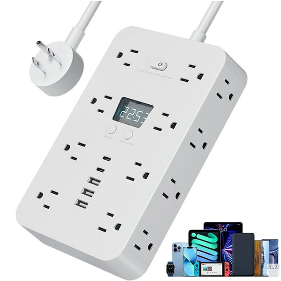 16-in-1 Power Strip with Switch & Surge Protection - ETL Listed 16-Outlet Extender with 3 USB Ports, 2 USB-C, Digital Clock & Fireproof Housing for Home Office