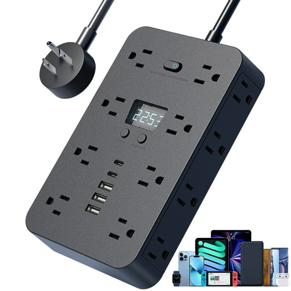 16-in-1 Power Strip with Switch & Surge Protection - ETL Listed 16-Outlet Extender with 3 USB Ports, 2 USB-C, Digital Clock & Fireproof Housing for Home Office