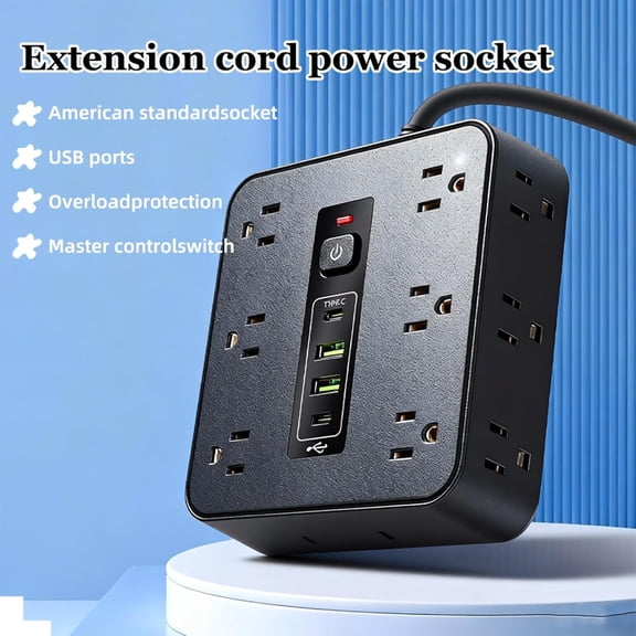 16-in-1 Power Strip with Switch & Surge Protection, Flat Plug 6.5FT Extension Cord, 12 Outlets + 2 USB-A & 2 USB-C Ports, Overload Protection for Home Office & Travel Use (Black,1pcs,L)