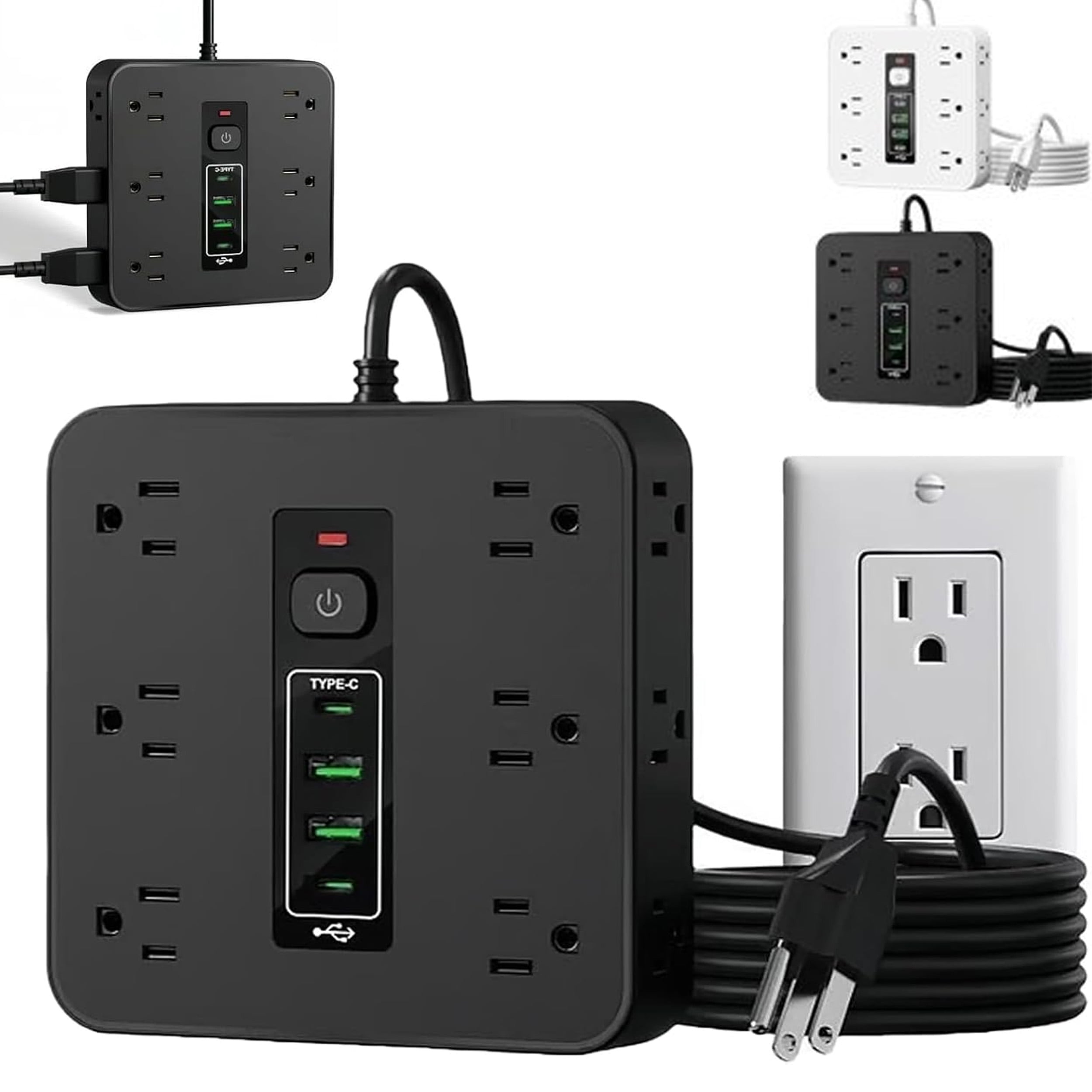 16 in 1 Power Strip with Surge Protection, 6 AC Outlets & 4 USB Ports , Flat Plug for Home Office Dorm and Travel Use