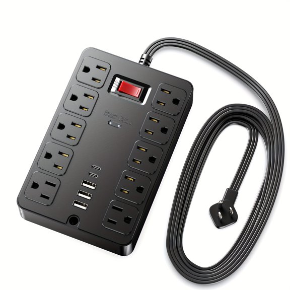 16-in-1 Surge Protector Power Strip, 10 AC Outlets & 5 USB Ports (3A+2C), 900J Lightning Protection, Overload & Fire-Resistant, Wall-Mountable Charging Station for Home Office Travel