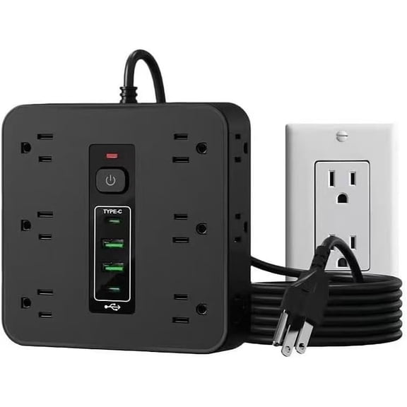 16-in-1 Surge Protector Power Strip with 12 AC Outlets, 4 USB Ports (2 USB-C & 2 USB-A) | 10A Overload Protection, Flat Plug Extension Cord for Office Gaming Travel (Black, 6FT)