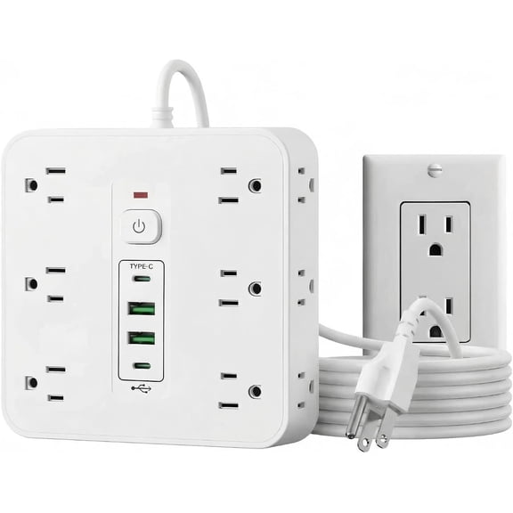 16-in-1 Surge Protector Power Strip with 12 AC Outlets, 4 USB Ports (2 USB-C & 2 USB-A) | 10A Overload Protection, Flat Plug Extension Cord for  Office Gaming Travel (White, 6FT)