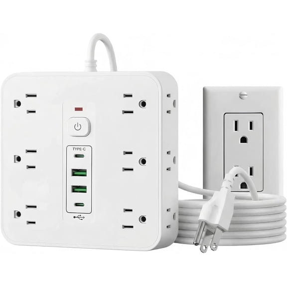 16-in-1 Surge Protector Power Strip with 12 AC Outlets, 4 USB Ports (2 USB-C & 2 USB-A) | 10A Overload Protection, Flat Plug Extension Cord for Office Gaming Travel (White, 6FT)