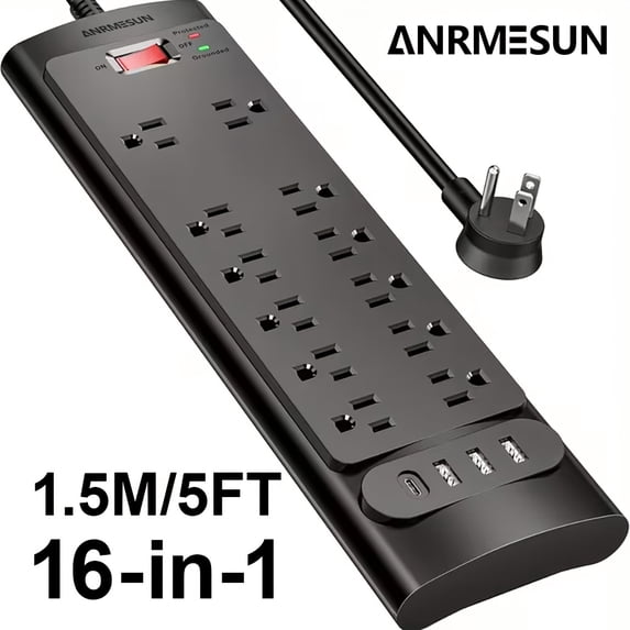 16-in-1 Surge Protector Power Strip, 12 AC Outlets & 4 USB Ports (Type-C), 5ft Cord, Overload Protection, 1875W/125V, for Home, Office, Gaming
