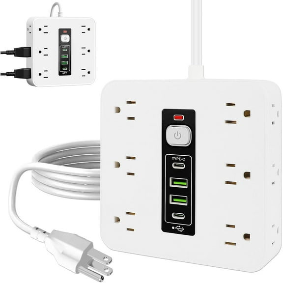 16-in-1 Surge Protector Power Strip with Switch, 12 Outlets 2 USB-A 2 USB-C Ports, 6.5FT Flat Plug Extension Cord, Overload Protection for Home Office Travel(LR White 1 PCS)