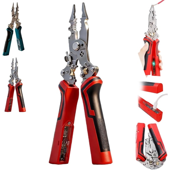 16-in-1 USB Rechargeable Wire Stripper Voltage Tester with Live/Null/Hot Wire Detection, High-Carbon Steel Pliers for Cutting, Stripping, Crimping | Audible & Light Alarms (Red, 16-in-1, B)