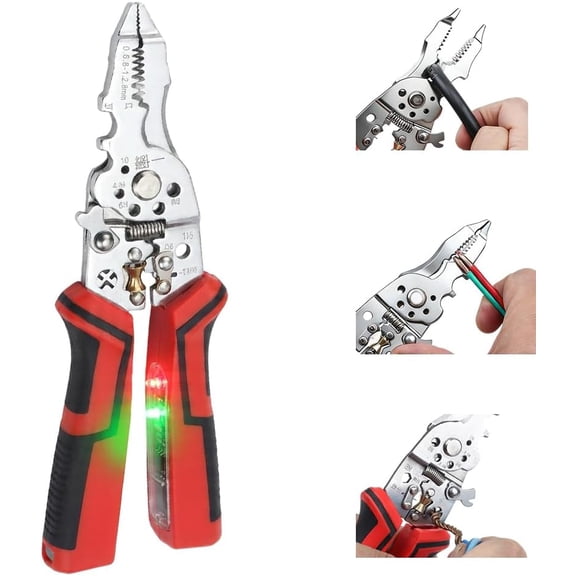 16-in-1 Wire Stripper Pliers, Multifunctional Cable Cutter with Voltage Tester 12-250V, High Carbon Steel Wire Stripping Tool for Electrical Home Professional Use, Red