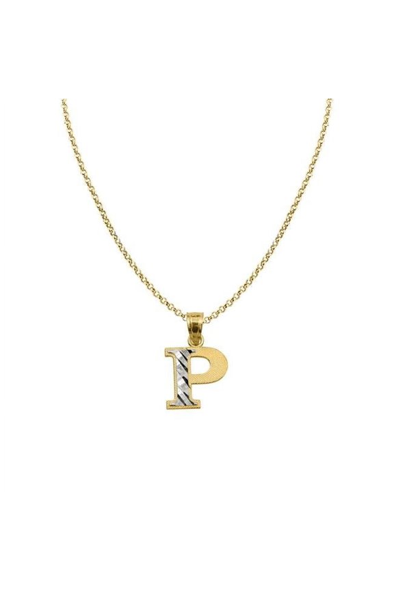 16 in. 14K Two Tone Gold Diamond-Cut Initial Letter P Pendant with 1.2 mm Rolo Chain