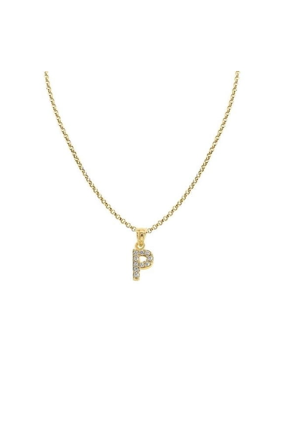 16 in. 14K Yellow Gold Cubic Zirconia Initial Letter P Pendant with 1.2 mm Rolo Chain