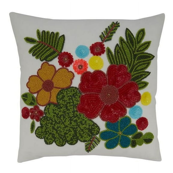 16 in. Beaded Flower Square Poly-Filled Pillow, Multi Color