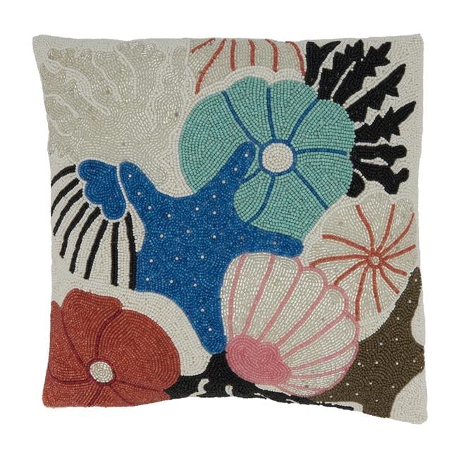 Multicolor Cotton Embroidered Seashells Square Pillow, 16"